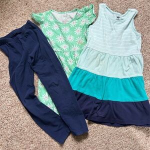 Girls Mint Floral Dress + Teal-Striped Tiered Dress + Navy Leggings (6-7)